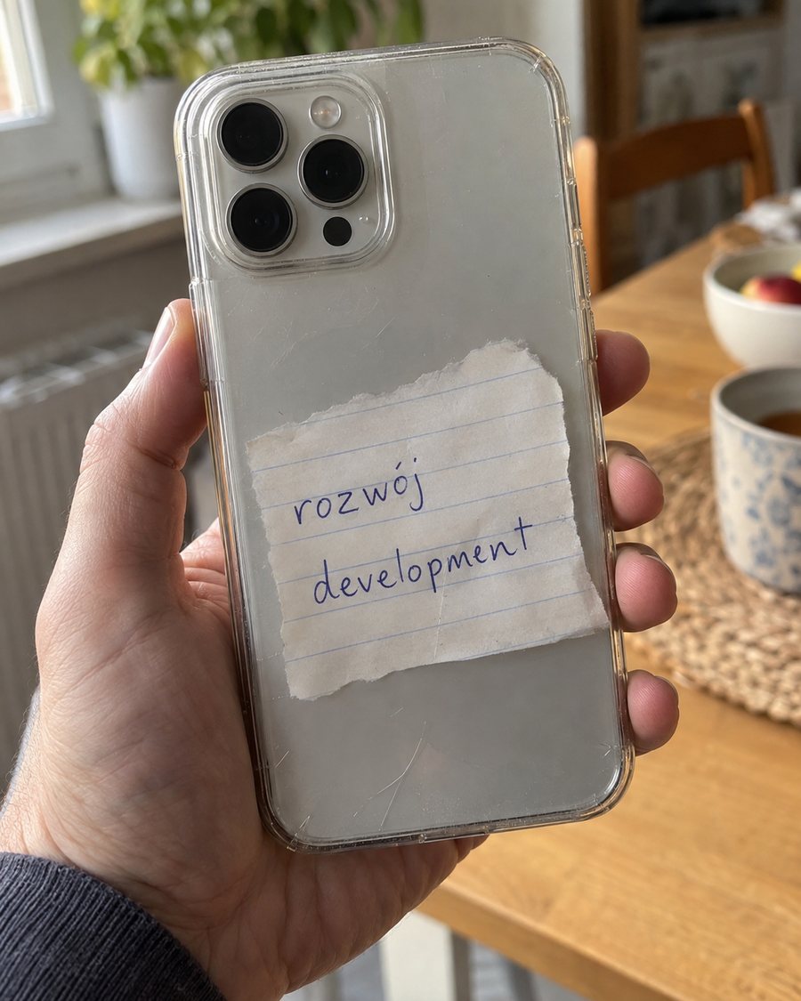 Telefon w przezroczystej obudowie z karteczką „rozwój – development