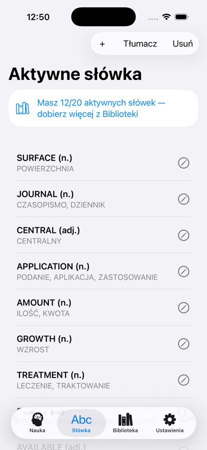 Lista aktywnych słówek